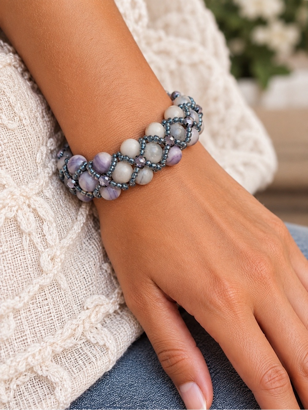 Handmade Lavender Blue Beaded Bracelet Layered Boho Statement Jewelry